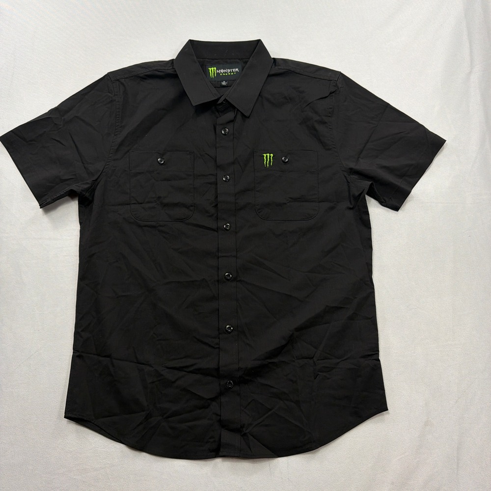 Monster Energy Shirt Button Down Short Sleeve Embroidered Logo Black Mens Size M